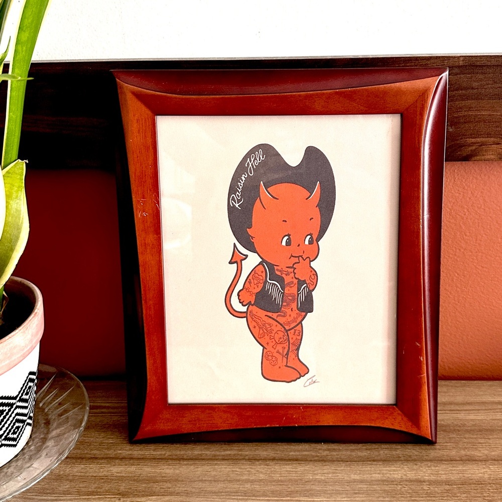 Kewpie Cowboy Devil Tattooed Western Devil Canvas Print Wood Framed Wall Art